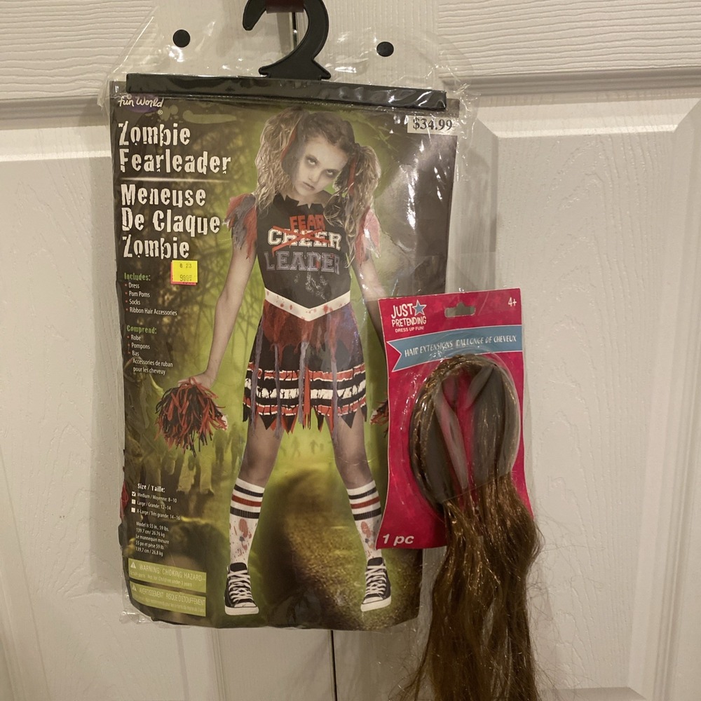 Halloween Costume Zombie Fearleader  Medium 8 - 10 Red Hair Extensions